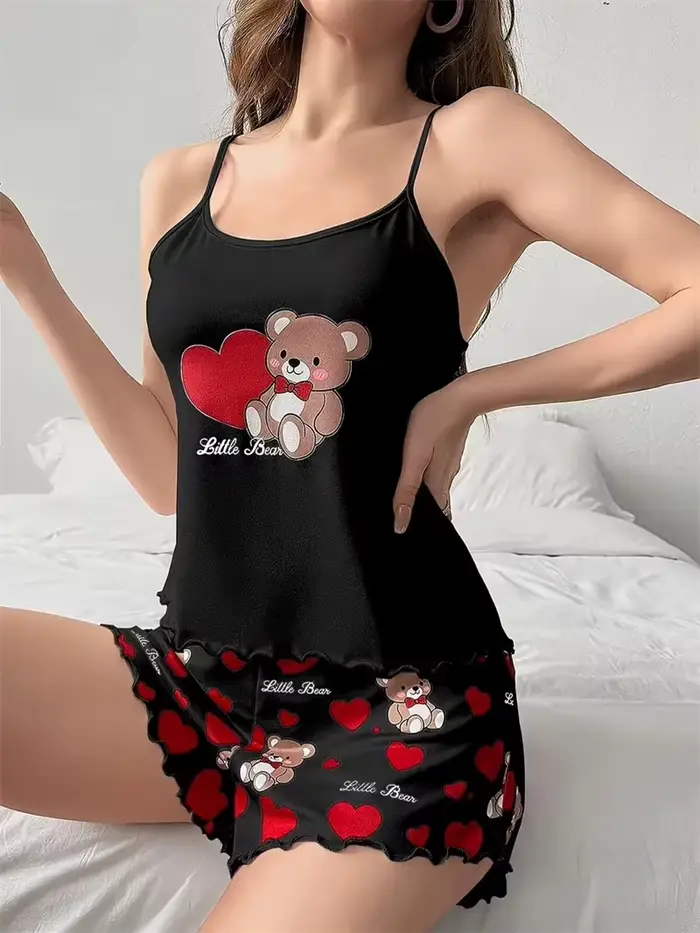 Dámske pyžamo a šortky Set, domáce oblečenie, roztomilý medveď + červené rybárske srdce tlačené, spodná bielizeň, sexy spodná bielizeň, kamzíky, nočné oblečenie