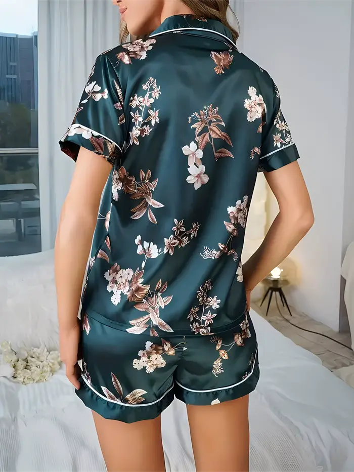 Dámske pyžamo, elegantný kvetinový tlač príležitostné oblečenie set, krátky rukáv top s klopovým golierom a gombíky, elastický pás šortky, dámske pyžamový set