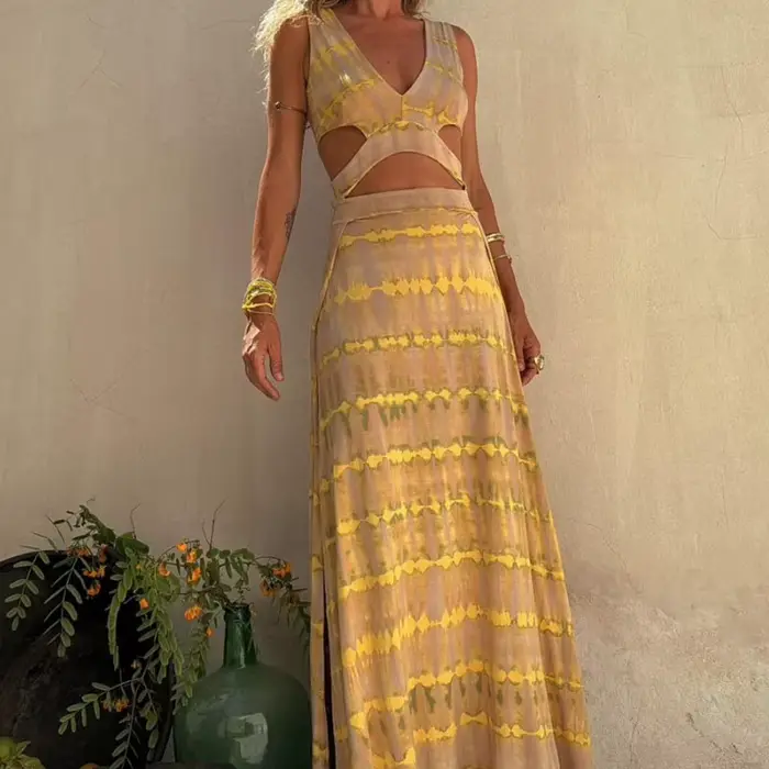 Robe longue en fibre fendue pour femme, robe de soirée élégante, taille haute, sexy, évider, vocatio