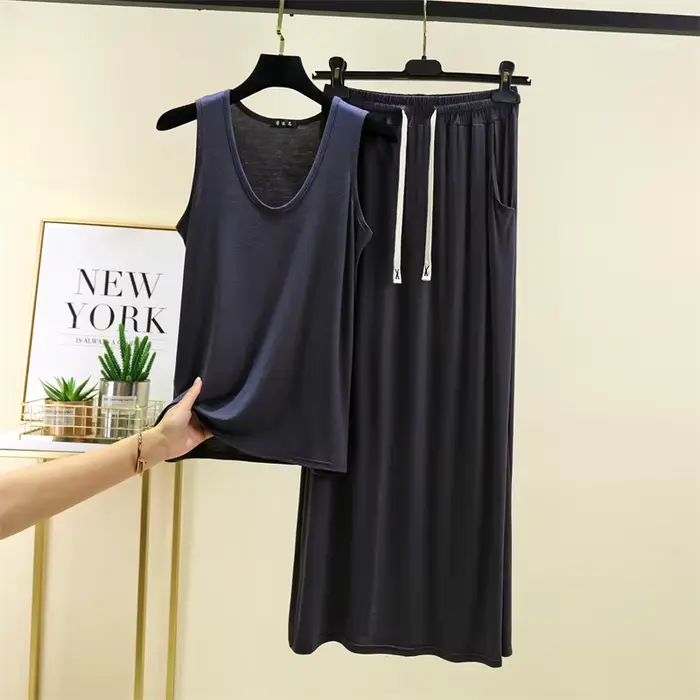 Pyjama Femme Modal Sans Manches Pantalon Cheville Taille M L XL XXL Couleurs Grises Noires Bleues Café Argentées Occasions Spéciales