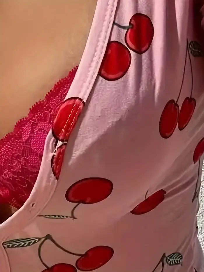 Sexy pyžamo pre ženy, ležérne body, cherry print, v-neck, predné tlačidlo, dlhé rukávy, Slim Fit, kombinéza, spacie oblečenie
