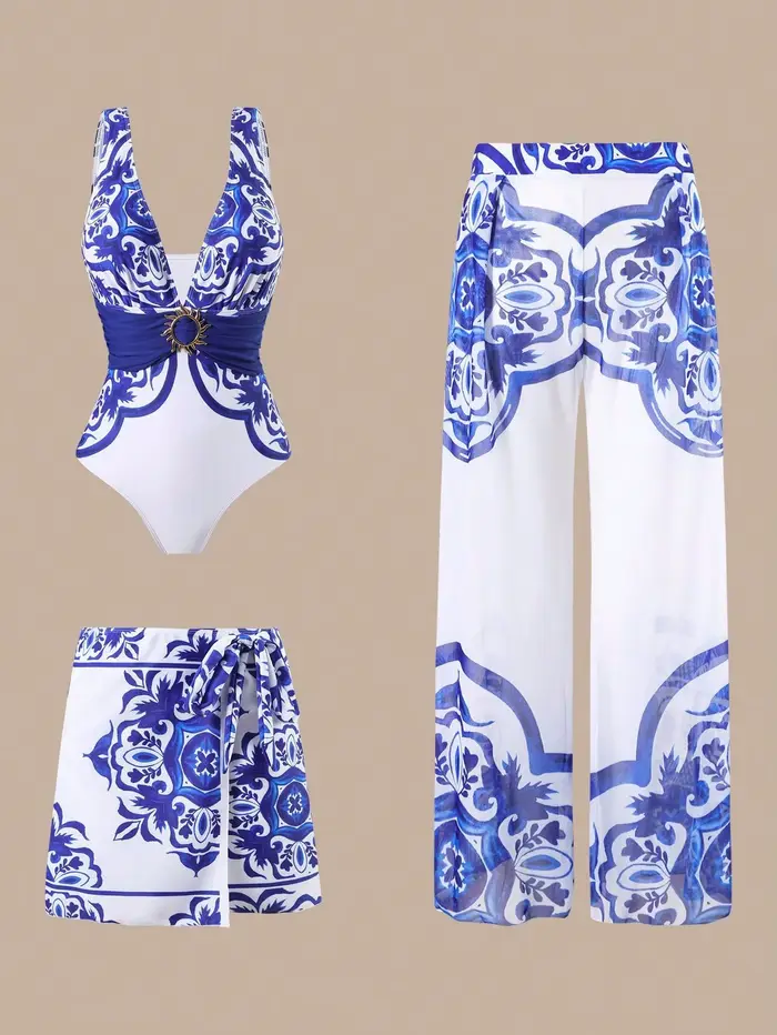 Ensemble de maillot de bain 3 pièces sexy pour femme, tendance, imprimé floral, pantalon long, maill