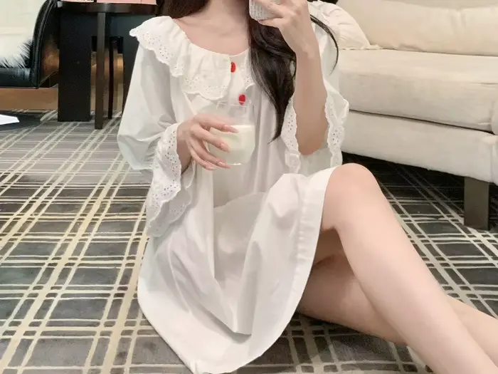 Retro Pure Lust štýl nočná košeľa, čipka s dlhým rukávom letné pyžamo, roztomilé a sexy pre dievča, domáce oblečenie