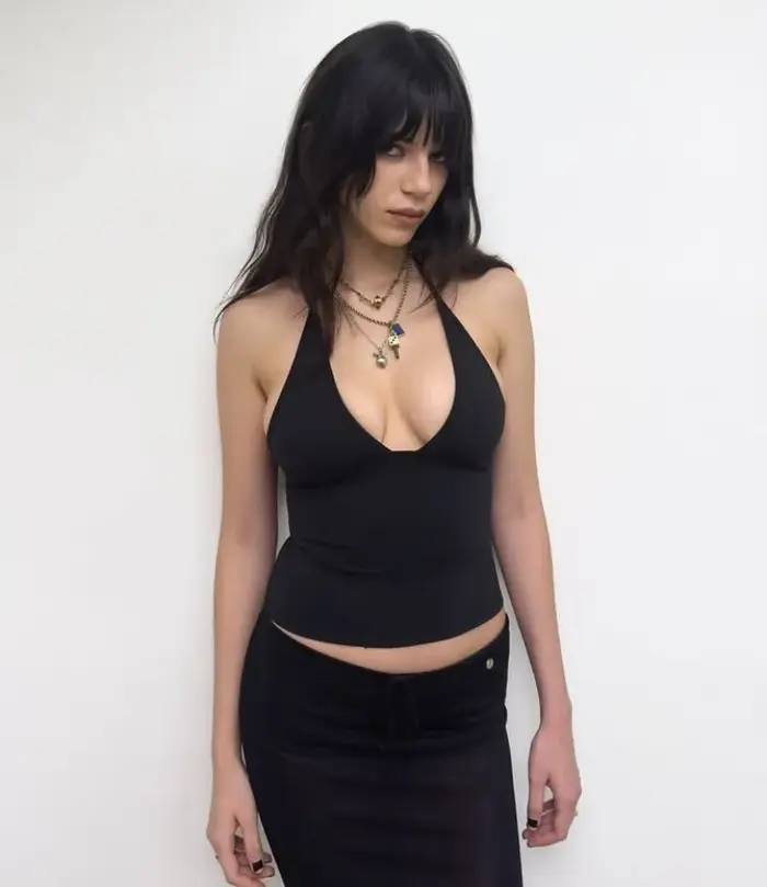 Débardeur pour femme à col licou, décolleté en V profond, style court, révélant la taille, amincissa