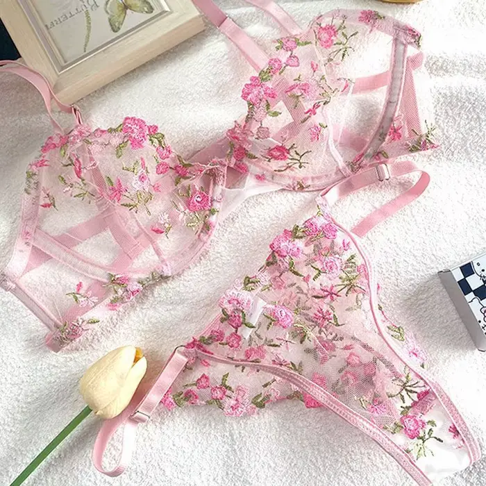 spodná bielizeň čistá a zmyselná pre dievčatá, mäkká a sexy sieťovaná podprsenka so super krásnou letnou kvetinovou výšivkou, čerstvé kvety