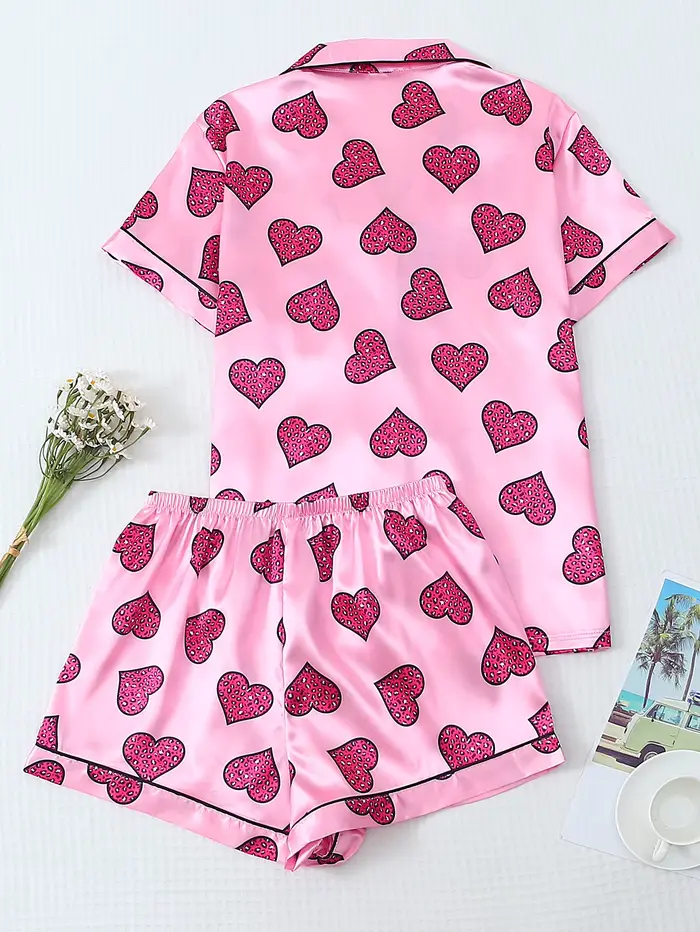 [Saint valentin] Pyjama 2 pièces en satin avec imprimé cœur, short à manches courtes, pyjama pour femme, ensemble de vêtements de détente adapté à un usage domestique