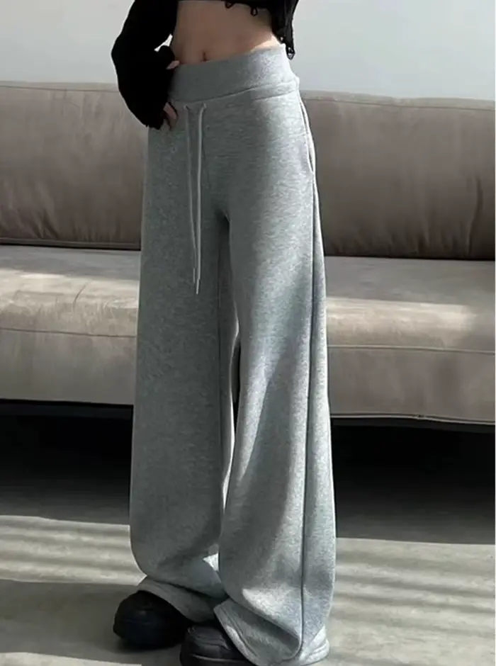 Pantalon de sport gris taille haute pour femmes, ample, amincissant, jambes droites, jambes larges, 