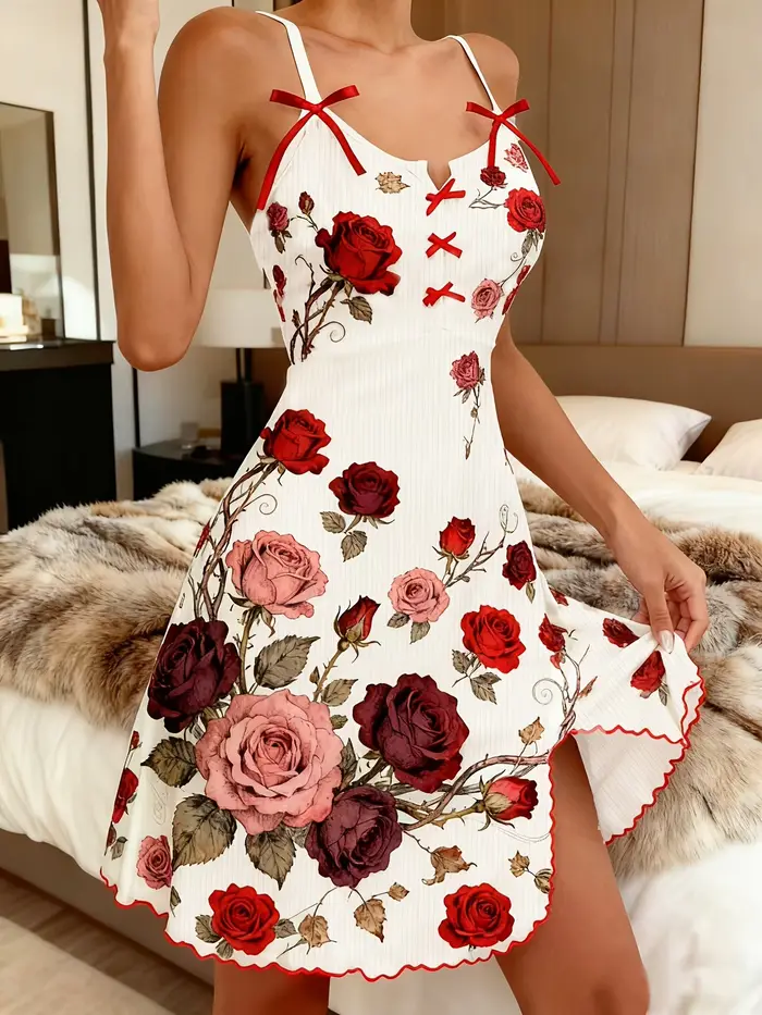 Chemise de nuit pour femme, imprimé numérique floral vintage motif vigne de roses, douce pour la pea
