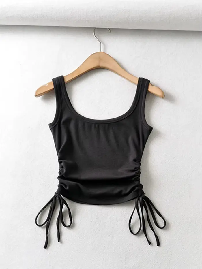 Nouveauté filles décontracté couleur unie deux côtés cordon gilet plis froncé Sexy débardeur et Cami