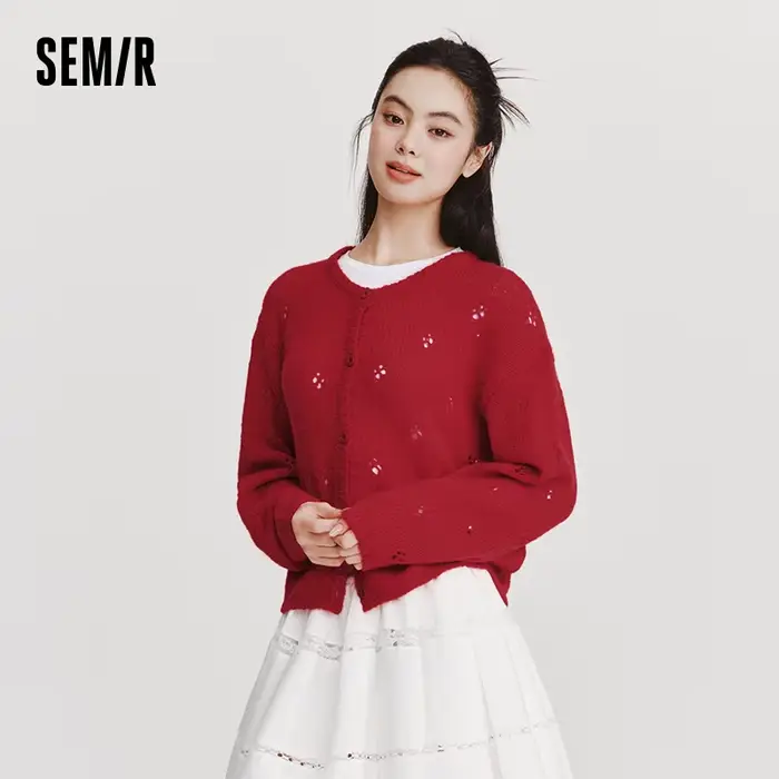 Cardigan rouge pour femme Semir, collection Printemps 2026, col rond ajouré, style décontracté et co