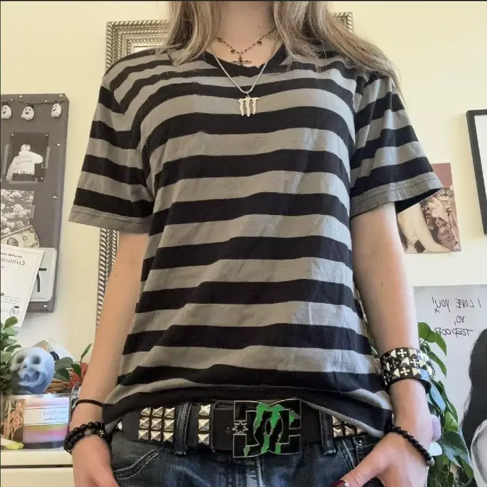 Dámske Y2k Grunge pruhované tričko voľný strih okrúhly výstrih krátke rukávy Emo top 2000s Harajuku Vintage pre tínedžerky dievčatá Goth