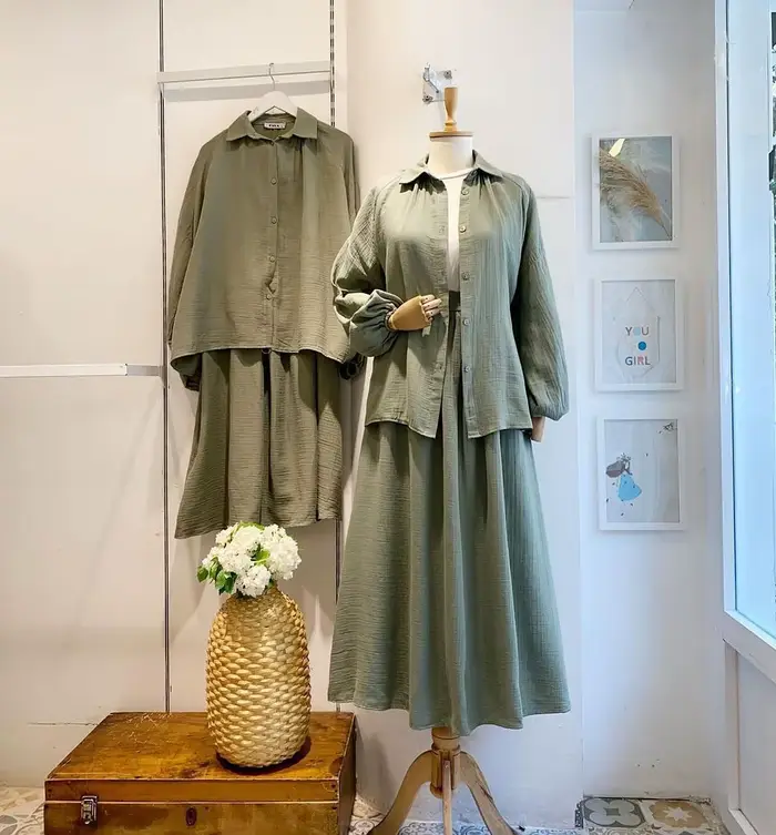 Robe musulmane pour femme, ensemble deux pièces, tenue pour femme, manches bulles, chemise élégante,