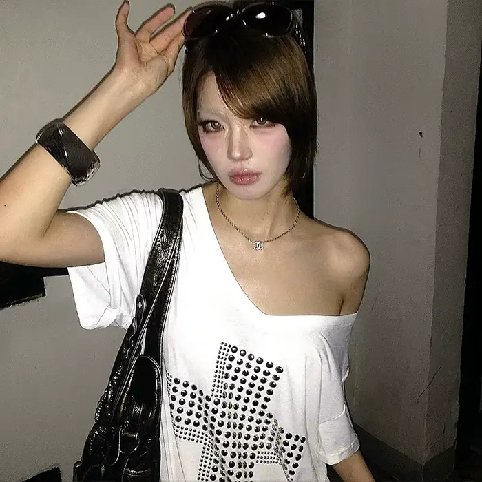 Dámske Y2K bavlnené flitrované V-Neck pletené, Vintage Harajuku štýl, špeciálne príležitosti 2000s