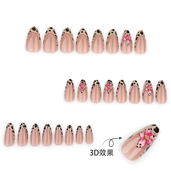 24 pièces marron français imprimé léopard presse sur ongles stéréo rose fleur conçoit automne faux o
