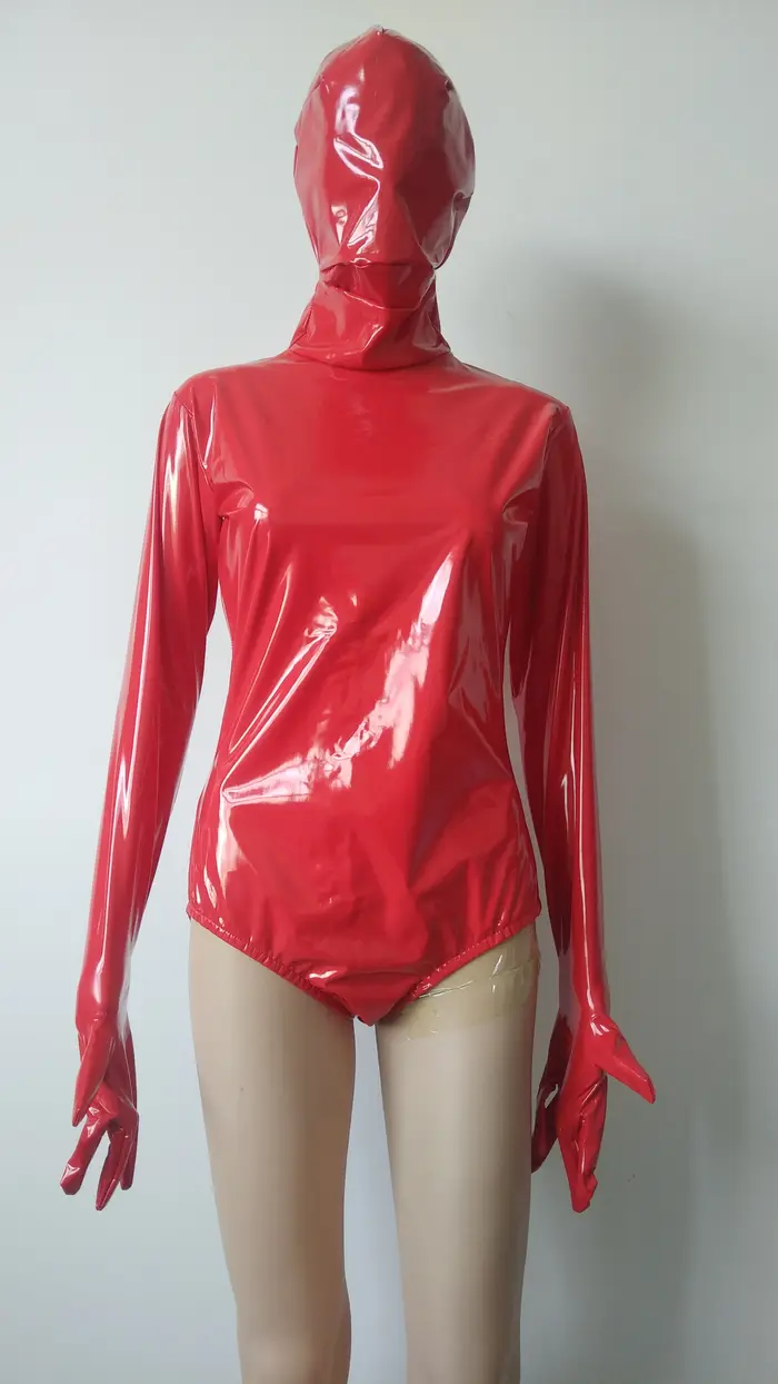 Červená lesklá PVC koženka Sexy trikot pre dospelých, polovica-body Zentai, šaty s dlhým rukávom, party oblek, značka