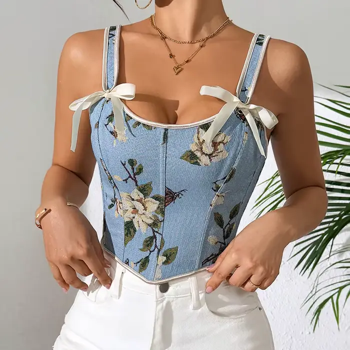 Sexy podprsenka s francúzskou kvetinovou potlačou, retro štýl, dvojitý popruh, podpora hrudníka, zoštíhľujúci plášť, vintage korzet