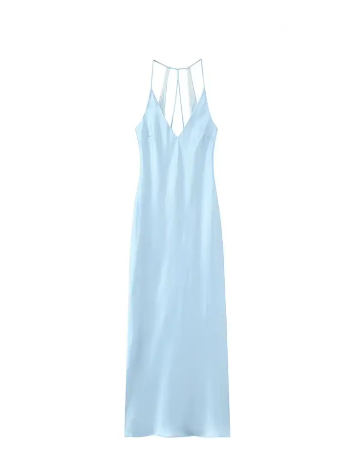 HH - Dámske hodvábne saténové šaty strednej dĺžky, nové letné spodná bielizeň, textúra, elegantné, V-Neck, sexy, bez rukávov, dĺžka členku
