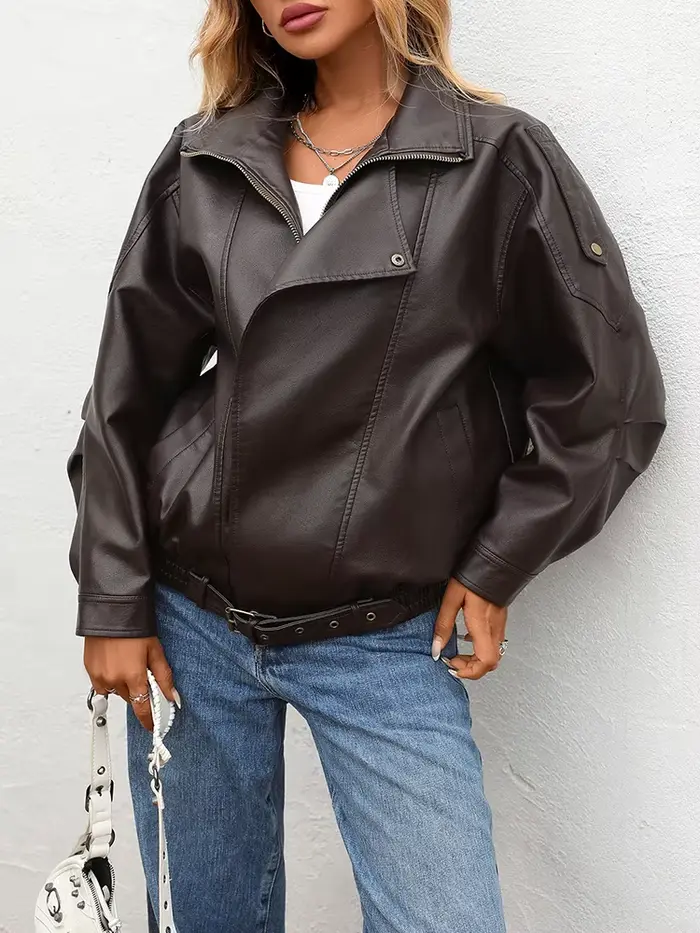Ailegogo nová jarná/jesenná dámska streetwear retro voľná bunda z imitácie kože Moto Biker žena Vintage opasok