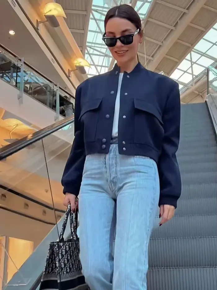 MUJER 2025 Dámska bomber bunda biela jeseň zima gombík skrátené bundy pre ženy módne dlhé rukávy dámske kabáty