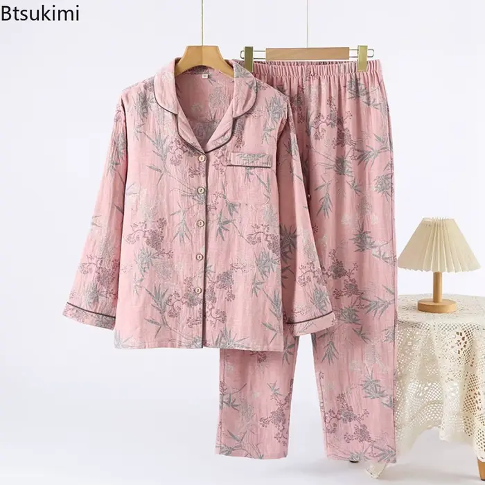 Btsukimi pyžamo Set pre ženy v čistej bavlne, retro dizajn, mäkká podšívka, veľkosť M L XL, farby ružová šedá, spánok a odpočinok príležitosti
