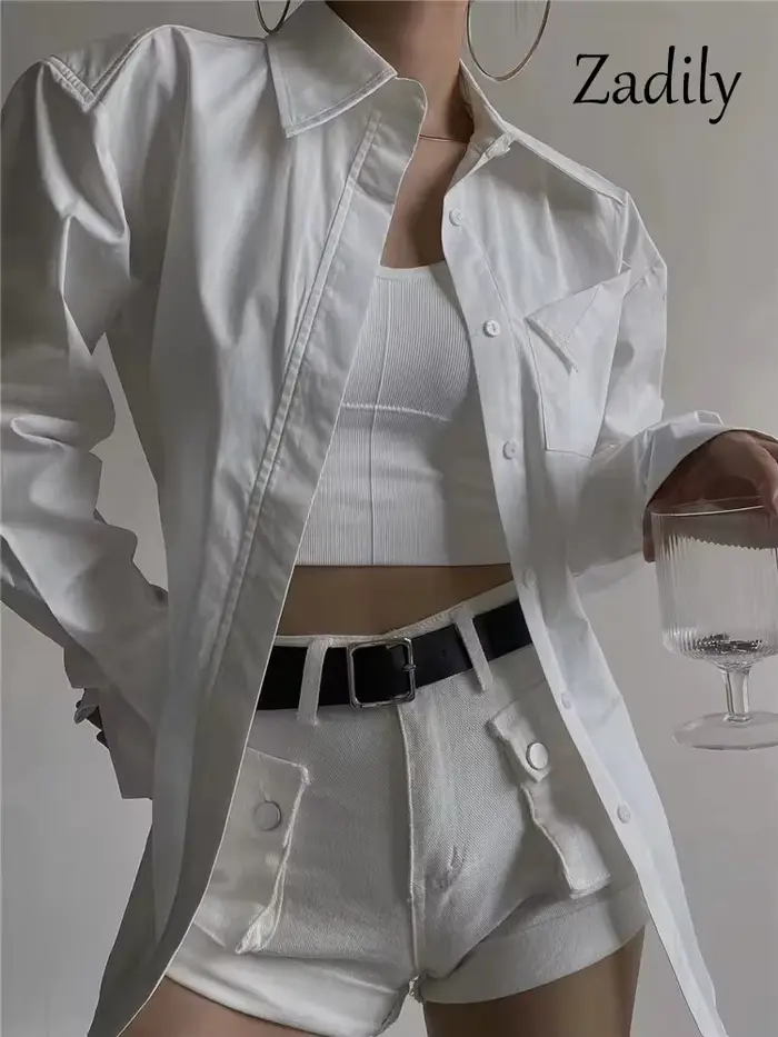 Zadily 2025 automne nouveau en Streetwear à manches longues chemise blanche femmes minimaliste poche