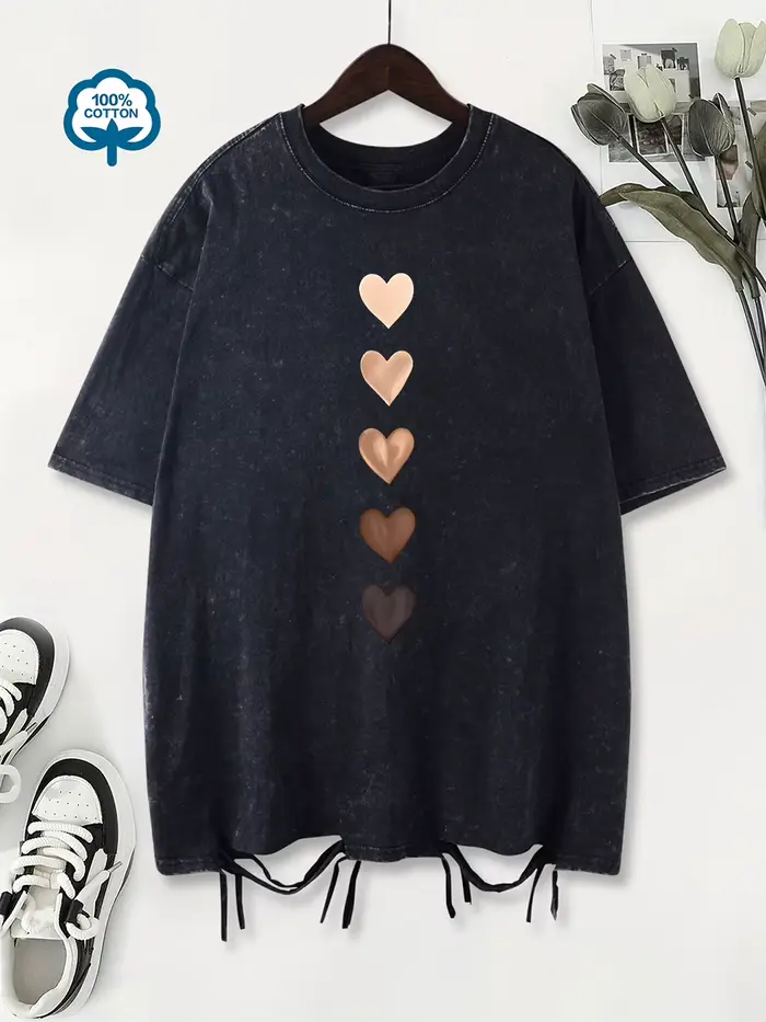 100% coton lavé T-Shirts femmes surdimensionné amour coeur Graffiti imprimé T-Shirts col rond en dét