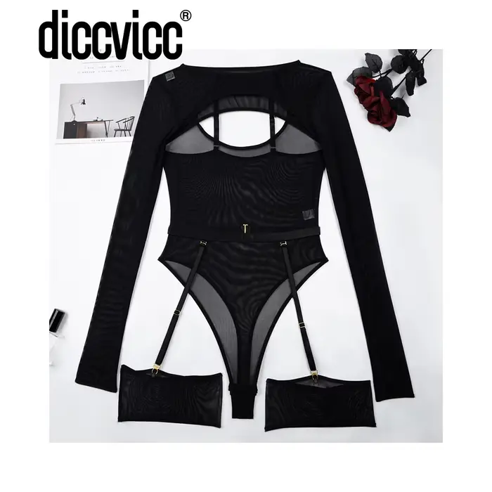 Diccvicc-Body Lingerie à manches longues en dentelle transparente pour femme, costume de batterie fi