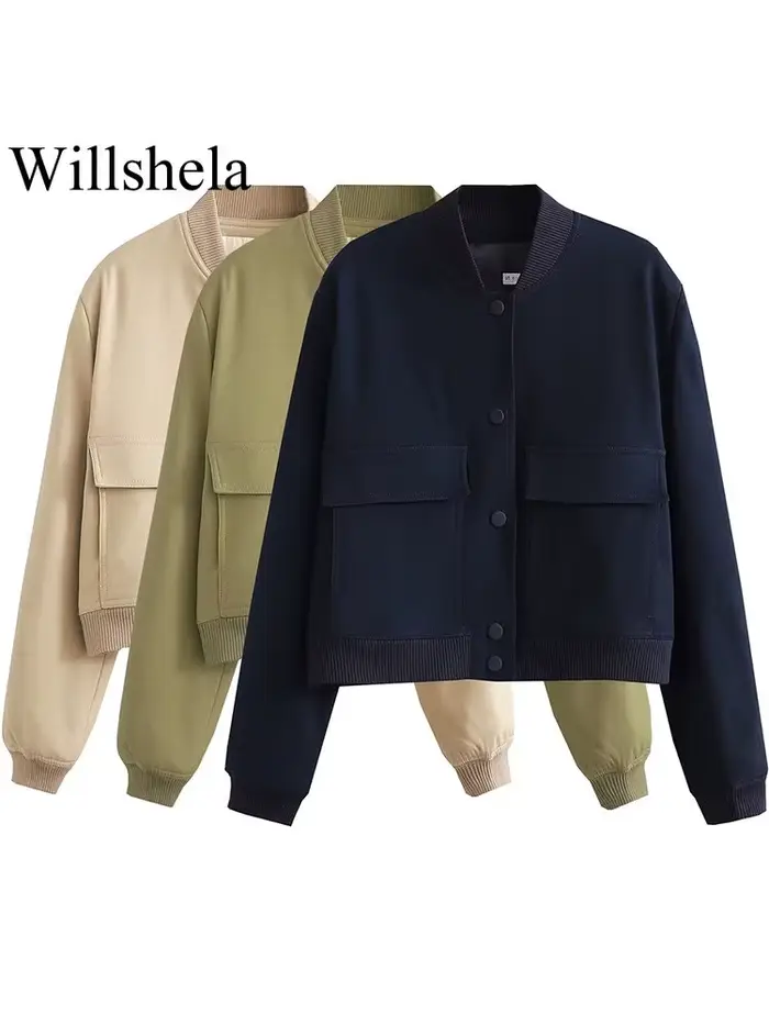 Willshela dámska módna pevná bomber bunda s vreckami