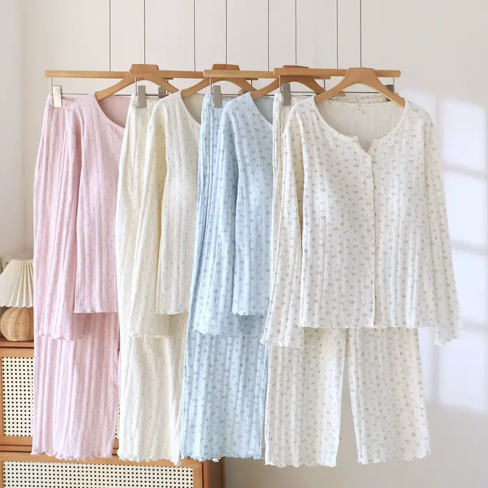 Pyjama en coton tricoté jacquard à motifs floraux pour femmes style pastoral basique automne printemps confort doux