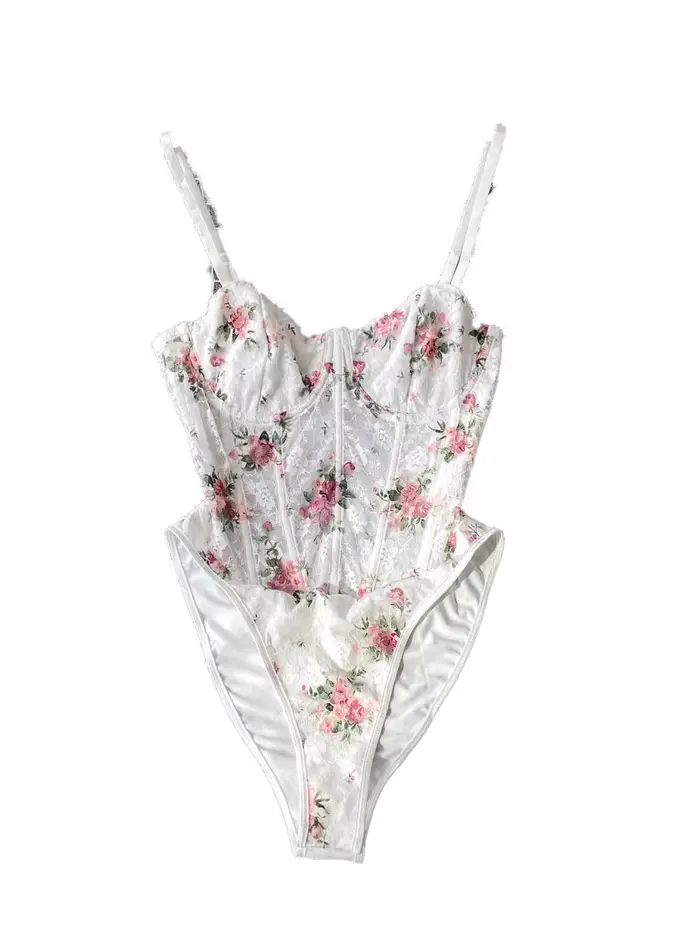 Foamlina Európska mäkká biela kvetinová bandeau Lico body Top ženy letné ryby okraj pása s lukom namontované čipka Romper