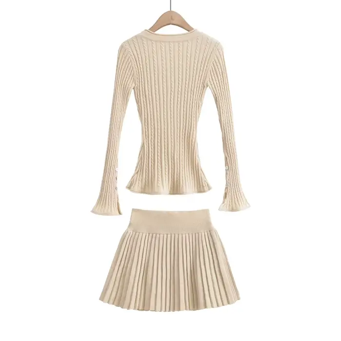 Cardigan en tricot torsadé à col en V pour femmes, taille élastique, mini jupe plissée, olympiques a