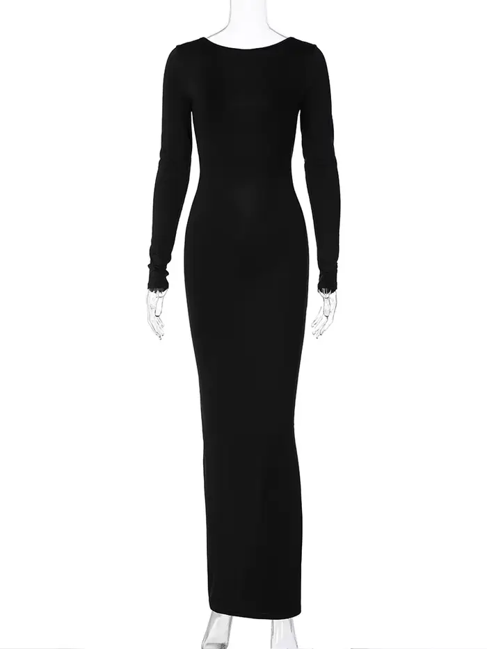 Hugcitar printemps élégant à manches longues dos nu solide froncé Sexy moulante Maxi robe de bal fem