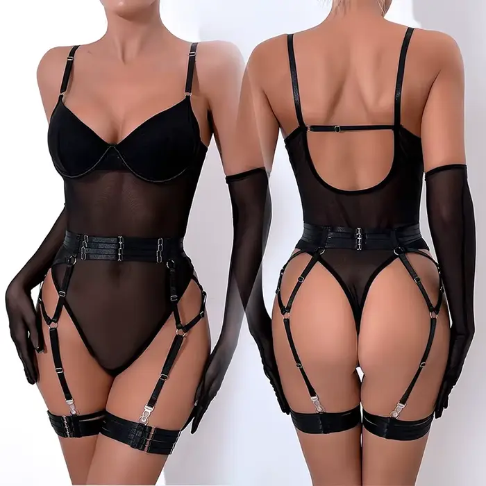 Ensemble de soutien-gorge en dentelle moulante pour femme, costume de batterie transparent, lingerie sexy, corps érotique avec gants, tenue jarretière, poupée bébé XXX, Sex Shop