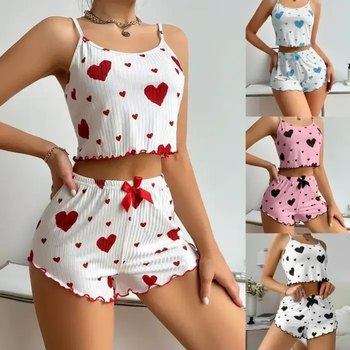 Móda Love Heart dámske pyžamo set, domáce oblečenie, dvojdielne letné pyžamo, luk, košieľka, šortky, pyžamo pre dievča