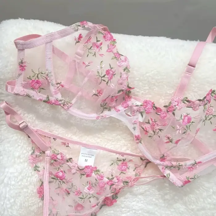 spodná bielizeň čistá a zmyselná pre dievčatá, mäkká a sexy sieťovaná podprsenka so super krásnou letnou kvetinovou výšivkou, čerstvé kvety