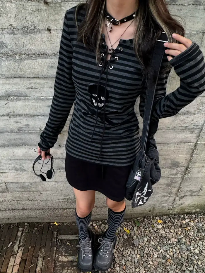 Tonngirls gotické retro tričko pre ženy so šnurovaním pruhovaná ležérna košeľa Y2k Vintage grafická potlač vrchné oblečenie Streetwear
