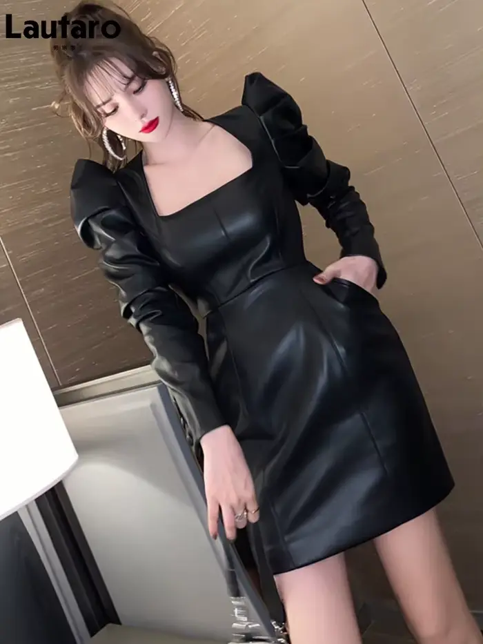 Lautaro-Mini robe en similicuir souple pour femme, manches bouffantes, col carré, vêtements fourreau