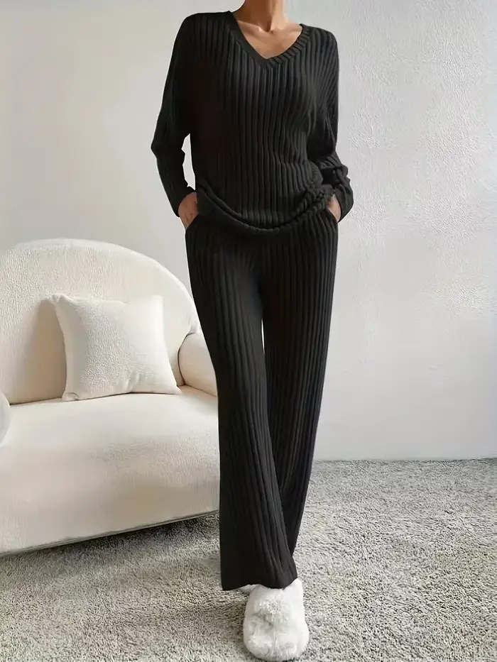 Ensemble pyjama 2 pièces pour femmes, vêtements de nuit, col en v, hauts et pantalons en tricot côtelé, vêtements de maison décontractés, automne et hiver