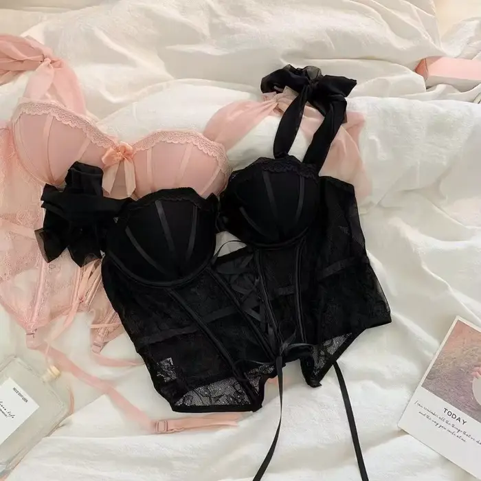 Sladké sexy dámy podprsenka nastaviť Fish Edge pikantné korzet dievča čipka spodná bielizeň popruh vystužený štíhly typ korzet ženy podprsenka Set