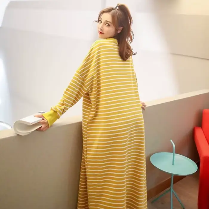 Dámska nočná košeľa M-5XL jesenné dlhé rukávy oplachovanie pruhované dĺžka Preppy mn teenageri Kawaii voľný domáci nočný odev pohodlná móda