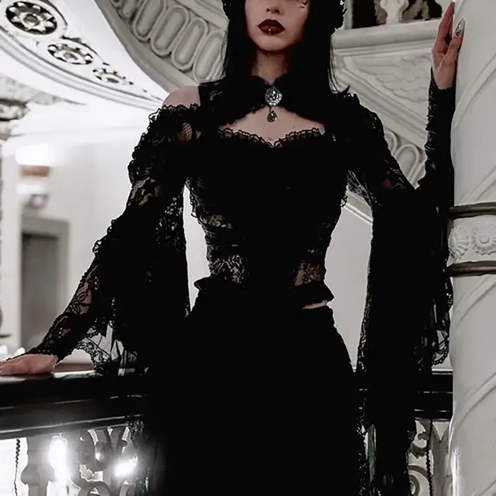 Punk bolero na zvýšenie ramien Top Trad Goth čierne šály s rozšírenými rukávmi obalové obálky na večerné šaty C