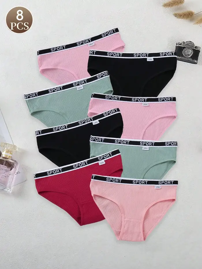 8 pièces culottes en coton pour femmes, culottes triangulaires côtelées avec lettres d'un ton, culot