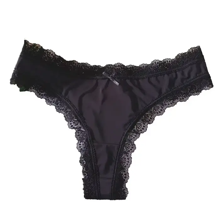 Culottes sans couture en soie glacée avec entrejambe en coton, taille basse, dentelle et nœud, linge