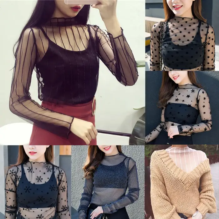 T-shirt transparent en maille évidée pour femme, sous-vêtement sexy, haut de base étoile, vêtements 