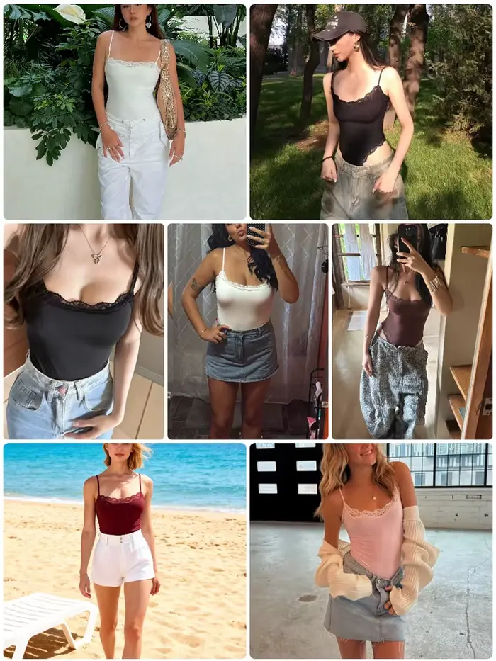 VITALINOVO ženy štvorcový krk čipka čalúnenie body vysoký rez tangá špagety popruh Cami body Dvojvrstvový výstup tielko
