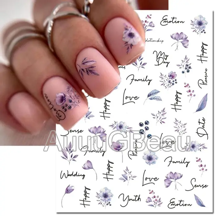Autocollants 3d pour Nail Art, fleurs aquarelle, violet, vert, rose, feuilles, fruits, curseur adhés
