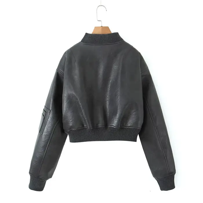 Y2K-Blouson en Cuir PU pour Femme, Col en V Côtelé, Manches sulf, Fermeture Éclair, Manteau Matelass