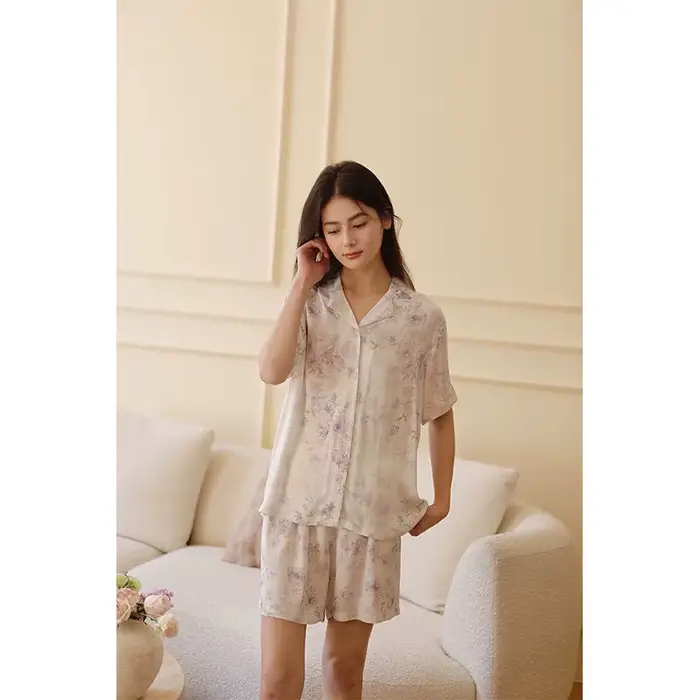 Pyjama d'été en Satin pour femmes, imprimé Rose violette, romantique, Short à manches courtes, confo