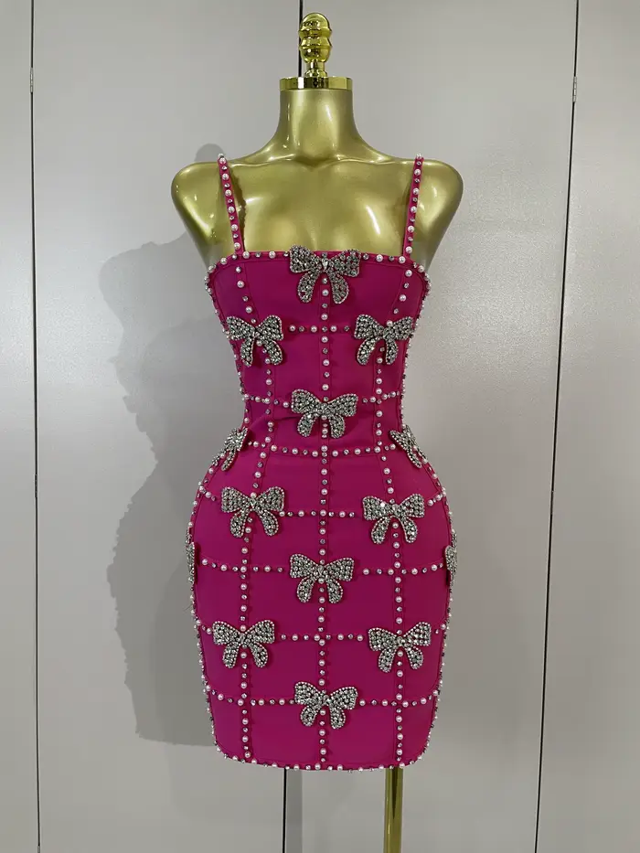 Robes mini en tricot élégantes et luxueuses pour femmes, avec nœuds, diamants et perles, pour soirée