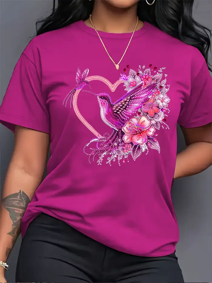 Dámske tričko Floral Hummingbird Heart - Boho vzor, ružový voľný top